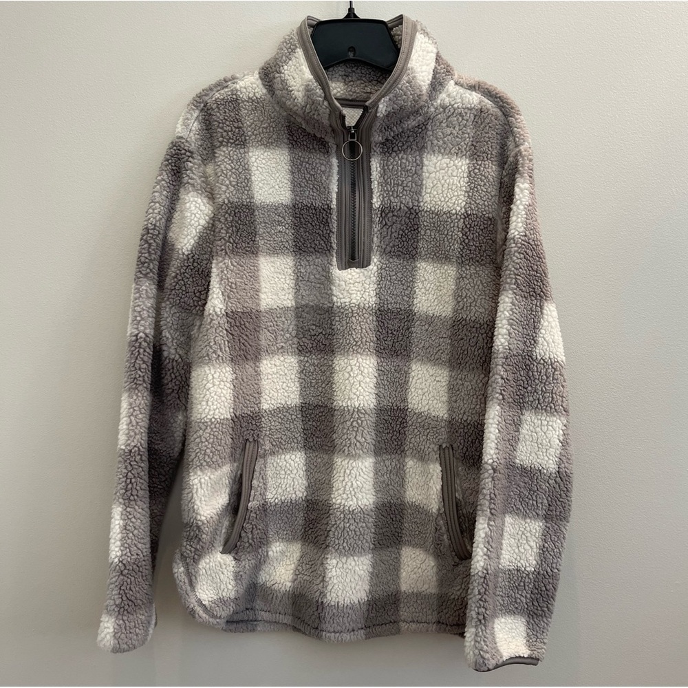 Cozy Sherpa Gray Gingham Sherpa Pullover 1/4 Zip Womens Medium